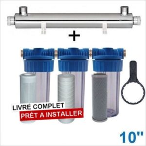 Station uv 3300 litres heure 10 pouces 3 filtres filtration purification eau de puits 3 filtres